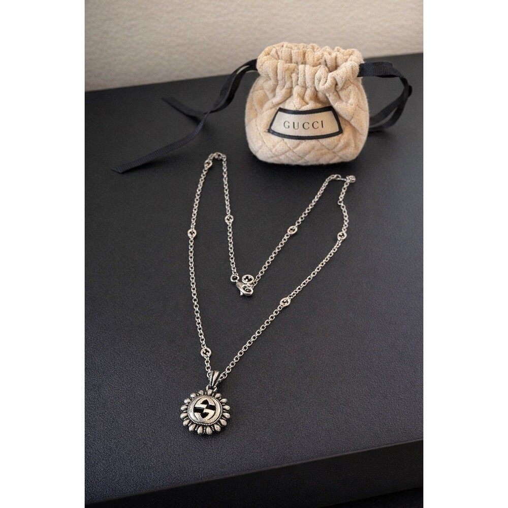 Gucci GG Marmont Sunburst Sterling Silver Necklace 925 Station Chain 23” Rare